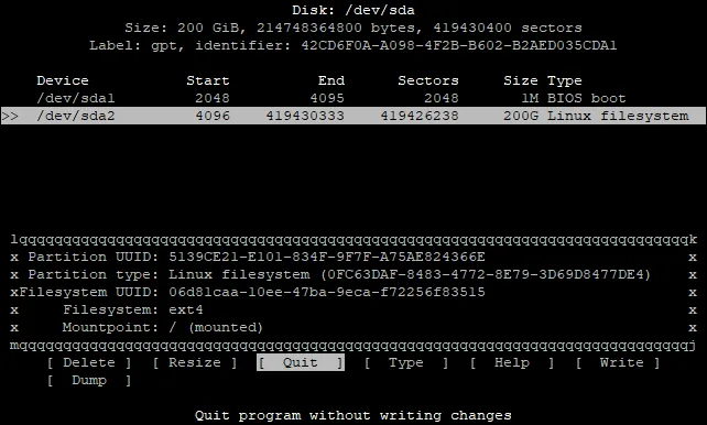 cfdisk çıkış ekranı