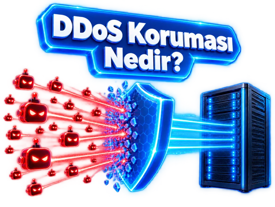 DDoS saldırısı şeması: botnet trafiği koruma ağında filtrelenip sunucuya temiz trafik iletiliyor
