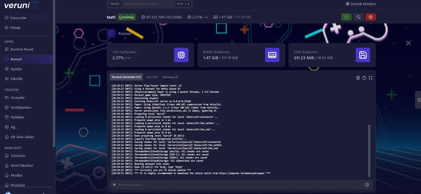 Canlı Minecraft sunucu konsolu - Verunix web panel