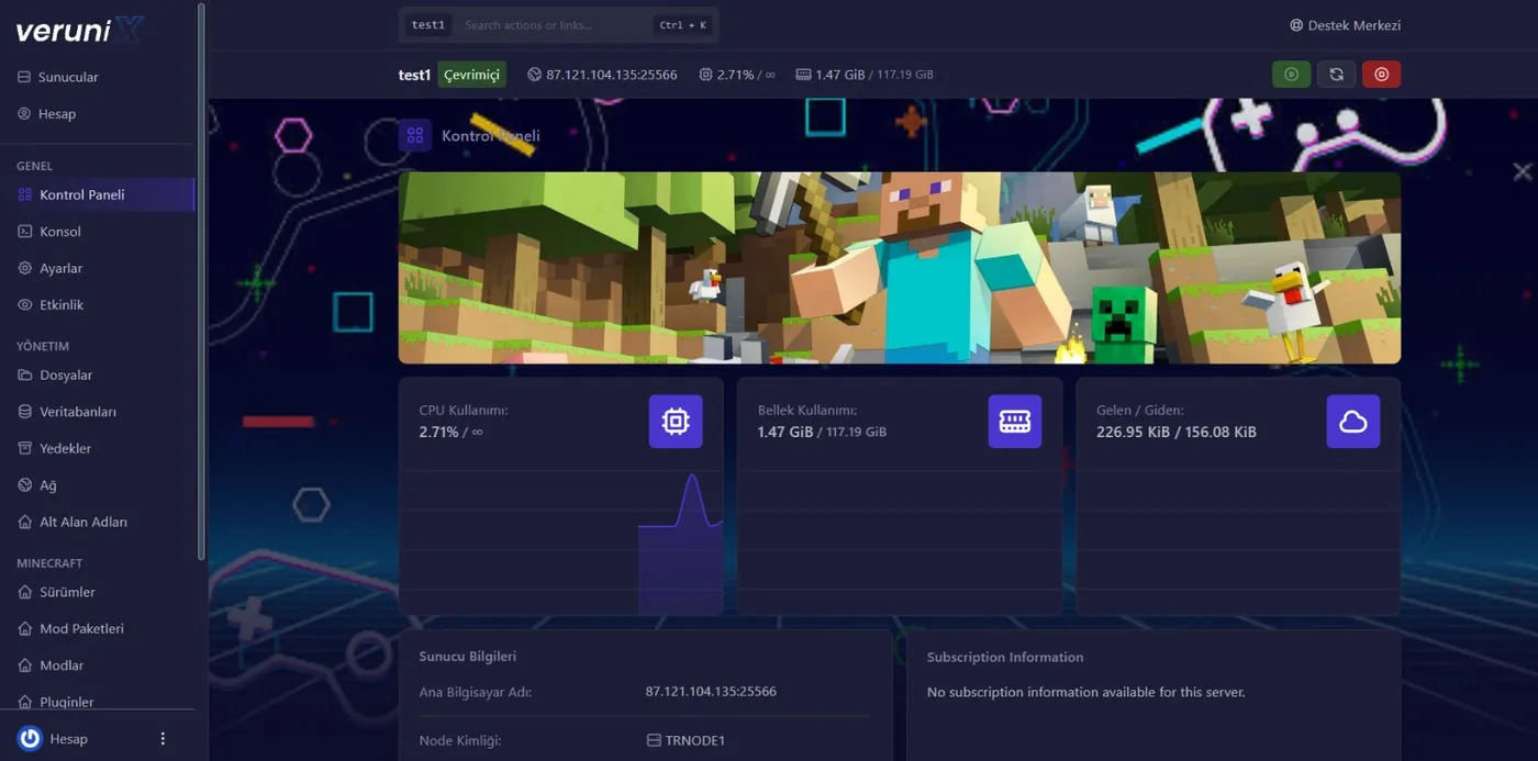 Sunucu kontrol paneli - CPU, RAM ve trafik takibi