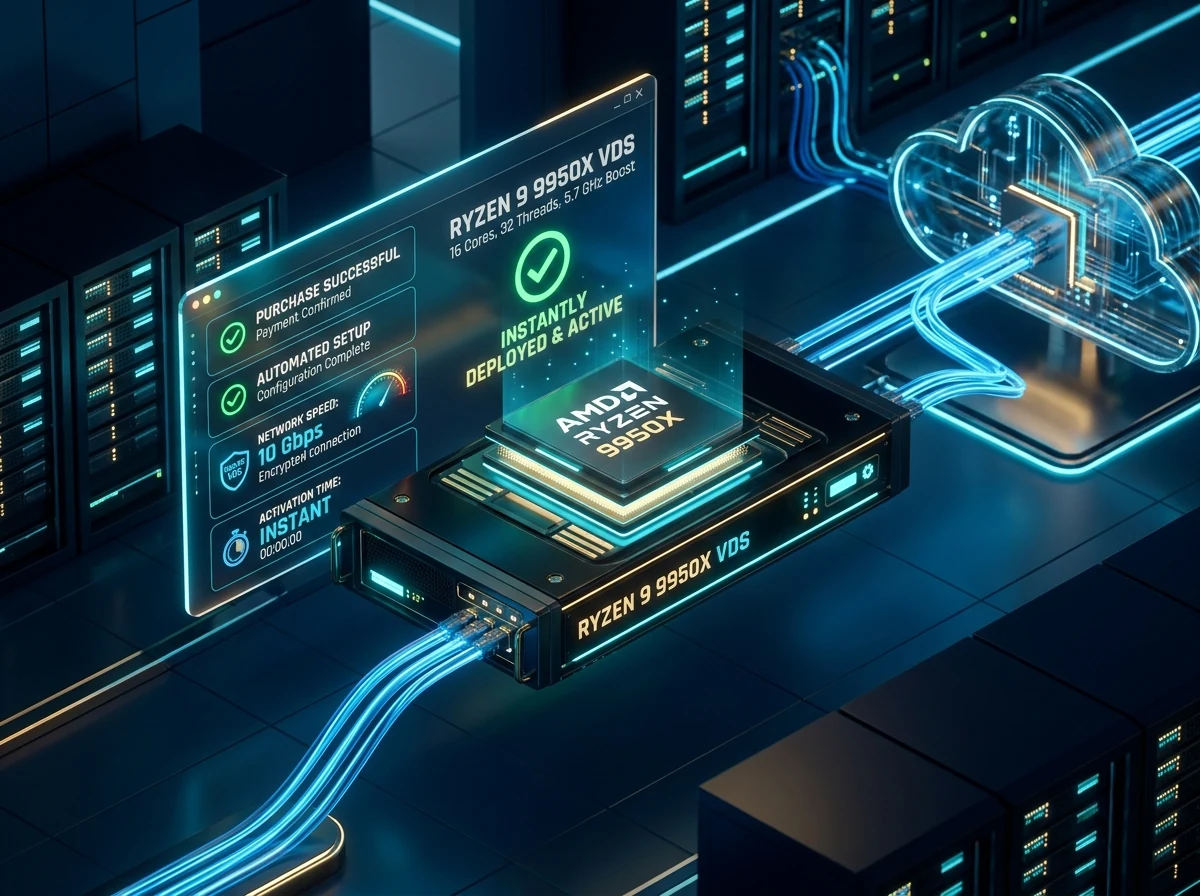 Anında aktivasyonlu AMD Ryzen 9 9950X VDS satın alma ve kurulum süreci
