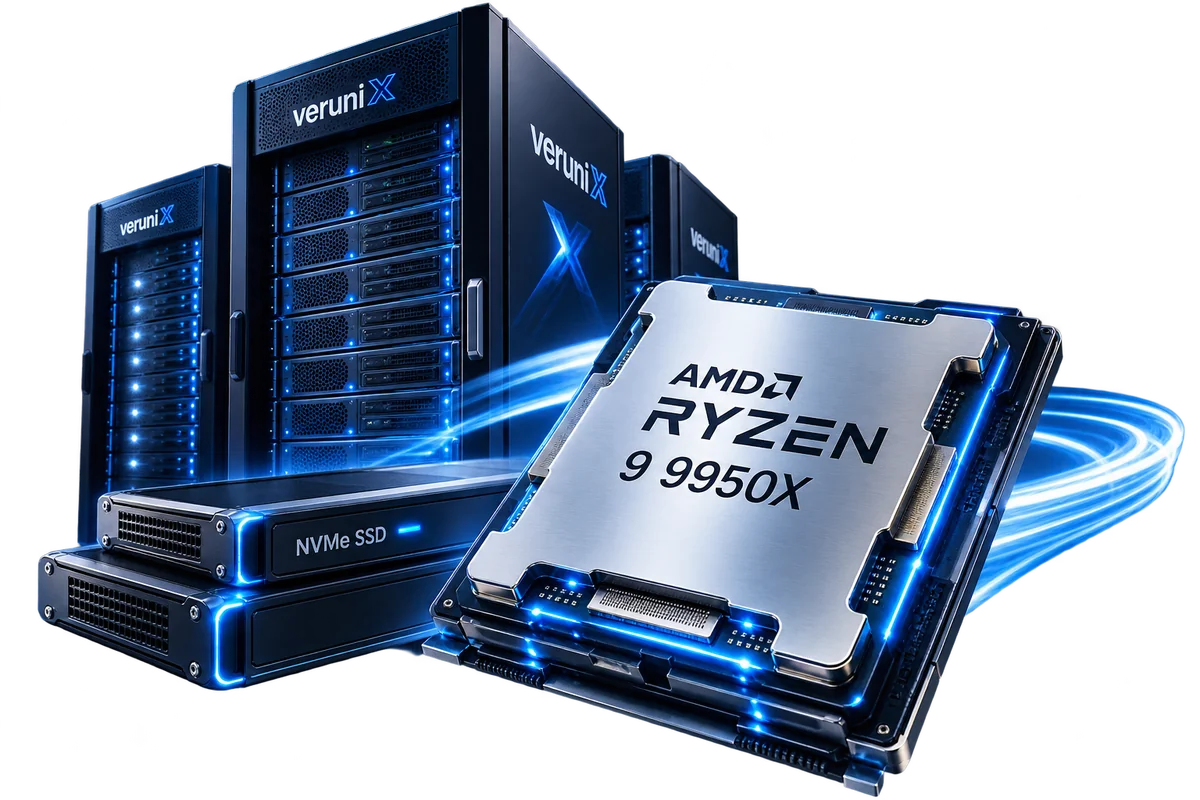 Verunix Ryzen VDS: AMD Ryzen 9 9950X processor, NVMe SSD storage and Verunix server racks